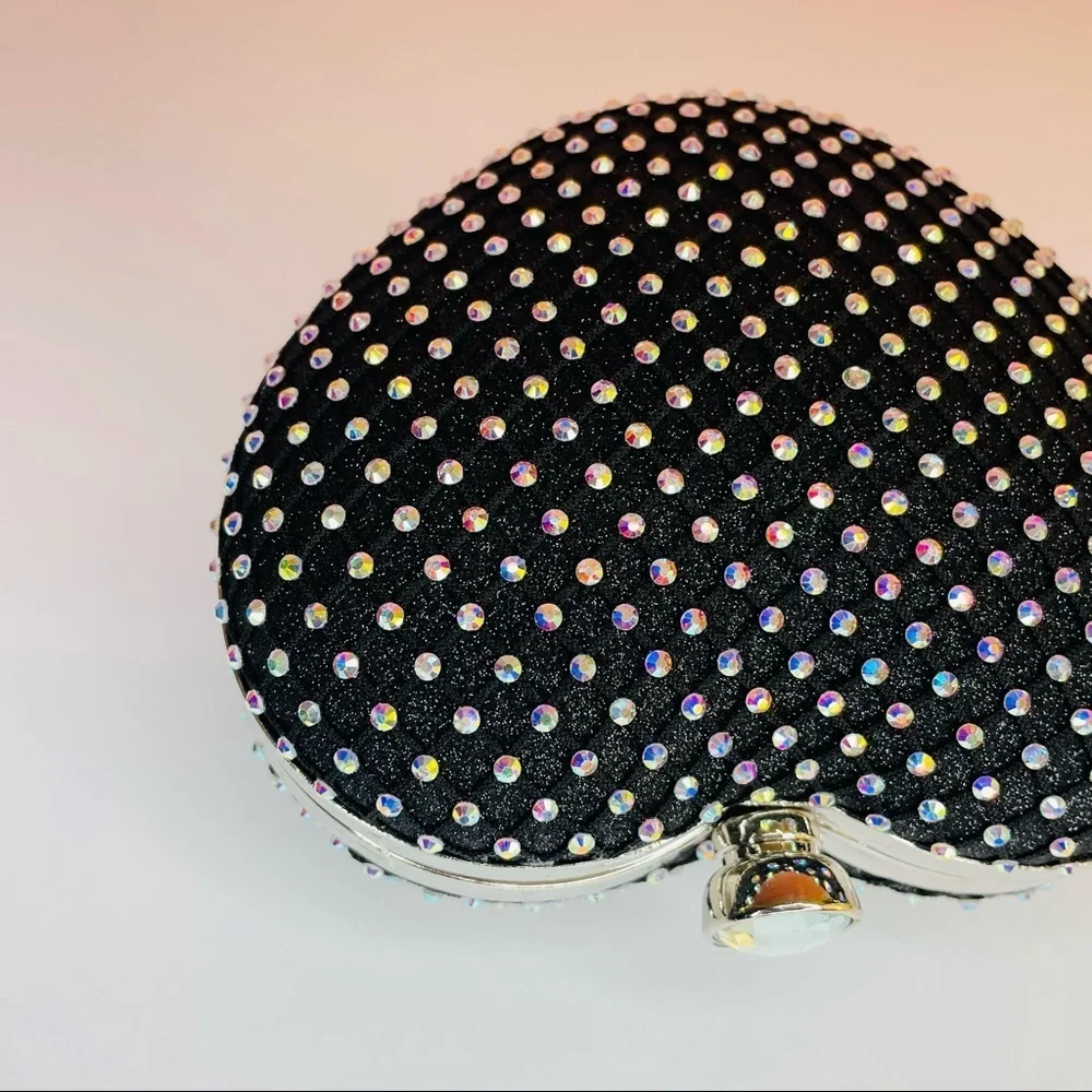 TRENDY BLACK MESH RHINESTONE HEARTBOX GOLD STRAP CHAIN CLUTCH CROSSBODY BAG